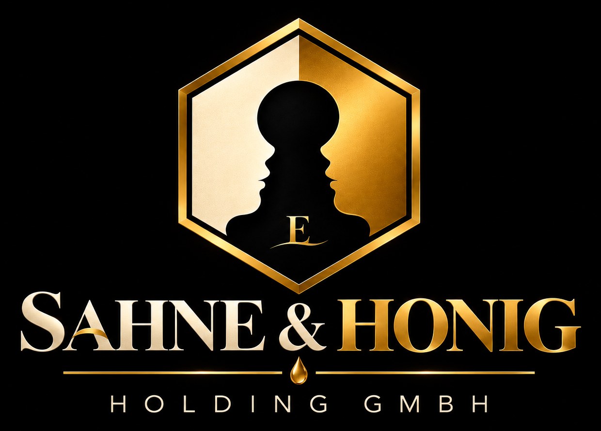 Logo der Sahne & Honig Holding GmbH: goldenes Sechseck mit zwei einander zugewandten Gesichtern, dazwischen ein Schlüsselloch mit dem Buchstaben E